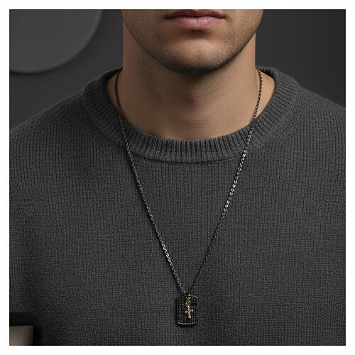 Dog-tag Necklace with Black Zirconia and Hanging Cross, 925 Silver with Ruthenium, Benedictus 2
