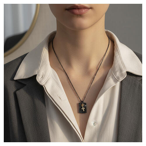 Dog-tag Necklace with Black Zirconia and Hanging Cross, 925 Silver with Ruthenium, Benedictus 4