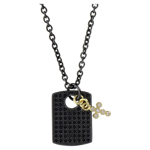 Dog-tag Necklace with Black Zirconia and Hanging Cross, 925 Silver with Ruthenium, Benedictus 5