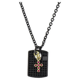 Pave Dog-Tag Necklace with Black Zirconia and Hanging Cross 925 Sterling Silver, Benedictus
