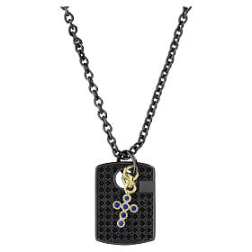 Benedictus men's necklace, military tag with black rhinestones, 925 silver with ruthenium finish