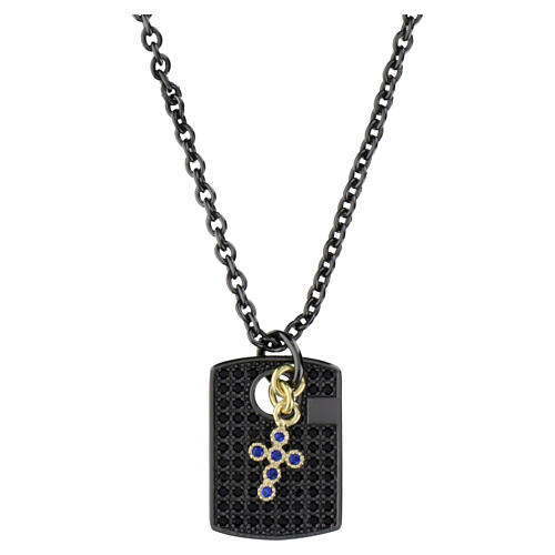 Benedictus men's necklace, military tag with black rhinestones, 925 silver with ruthenium finish 1