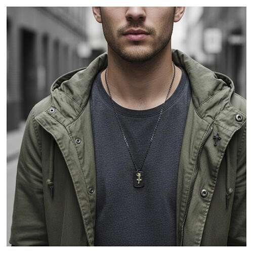 Collana uomo piastrina zirconi neri argento 925 rutenio Benedictus 2