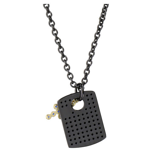 Colar masculino placa em prata 925 com zircões pretos e acabamento em rutênio Benedictus 6