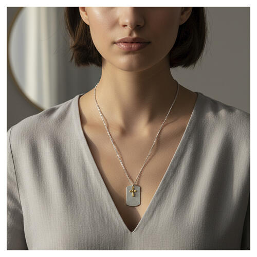 925 Silver Dog-Tag Necklace with Gold Cross, Benedictus 3