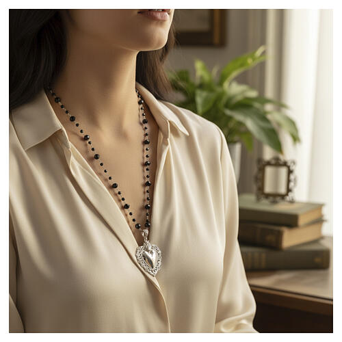 Benedictus Sacred Heart necklace in 925 silver with black crystal beads 2