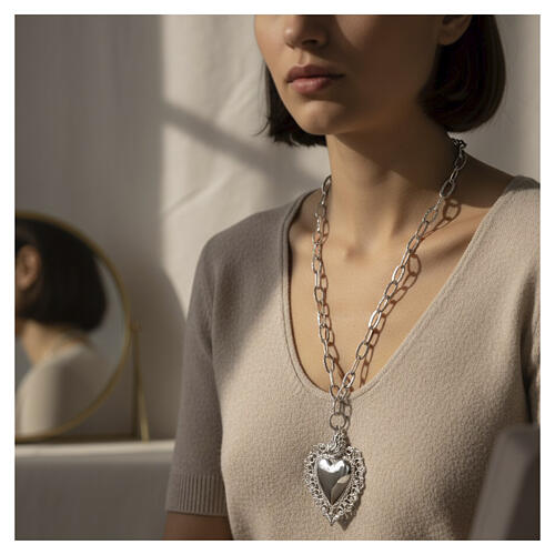Collana maxi Sacro Cuore catena battuta argento 925 rodiato Benedictus 2