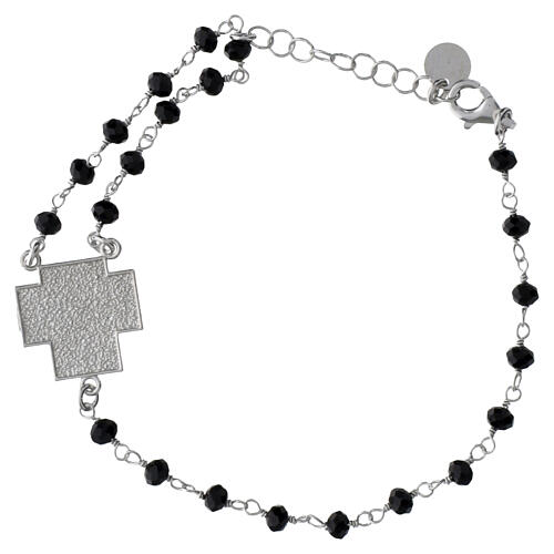 Bransoletka różańcowa z krucyfiksem, czarne kryształy, srebro 925, Benedictus 3