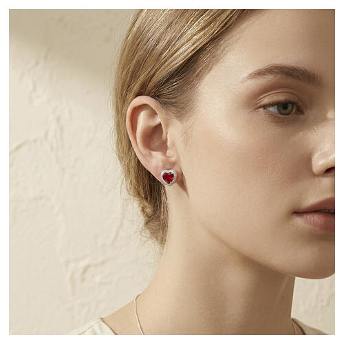 Boucles d'oreilles cœur zircon rouge cerise argent 925 rhodié AMEN 2
