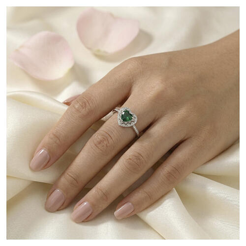 Bague cœur zircon vert pavé de zircons blancs argent 925 rhodié AMEN 2