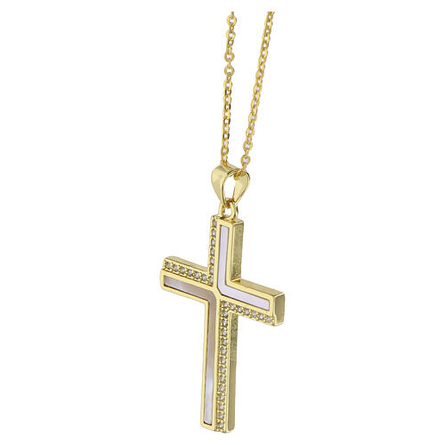 Necklace with 18 kt gold-plated cross pendant with mother-of-pearl and rhinestones 3