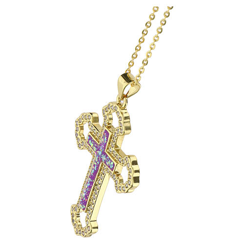 Collar con cruz colgante dorada con strass amatista 3