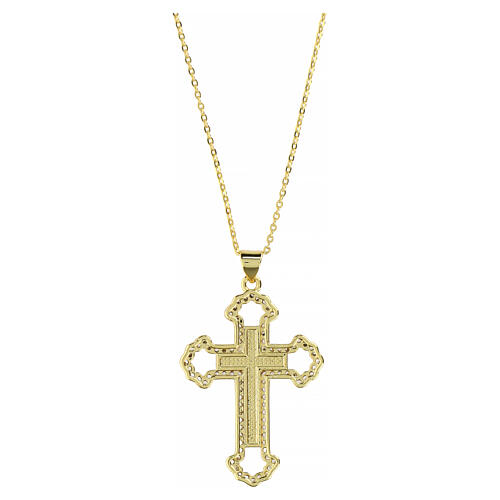 Collier avec pendentif en croix dorée orné de strass améthyste 5