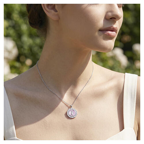 Amen necklace with Miraculous Medal, rhodium-plated 925 silver, pink mother-of-pearl and enamel 2