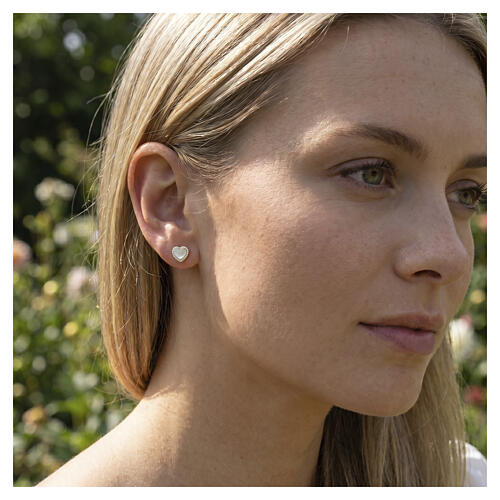 Amen gold heart stud earrings with mother-of-pearl and white zircons, 925 silver 2