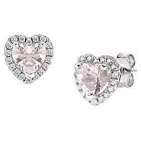 Pendientes de lóbulo corazón zircón rosa morganita Amen plata 925