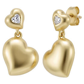 Amen 925 silver double-heart stud earrings with white zircon, gold finish