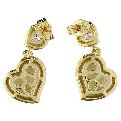 Brincos Amen em prata 925 com dois corações, acabamento dourado e zircão branco 3