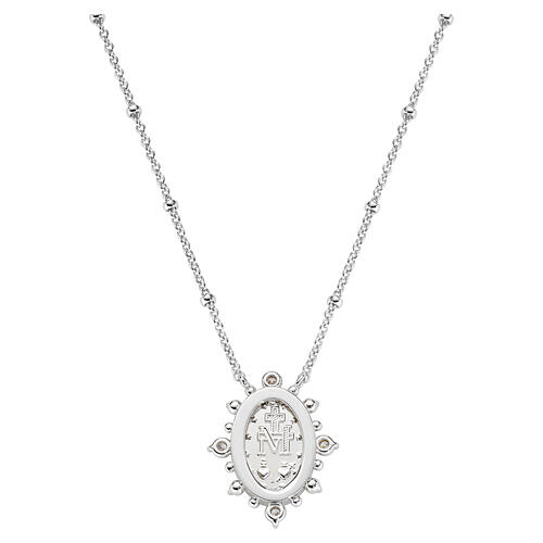Rhodium-Plated Brass Miraculous Mary Necklace with White Stones, AMEN 3
