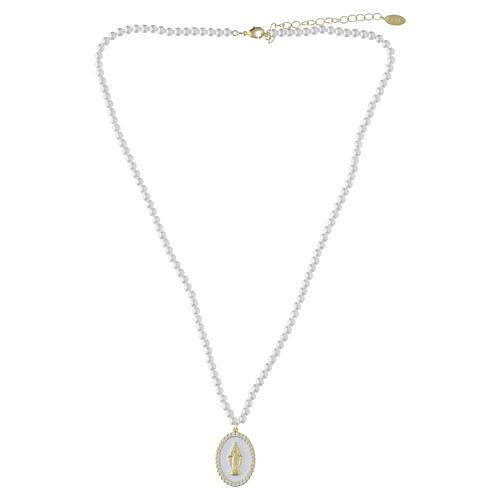 Colar Amen com pérolas de cristal 3 mm, latão dourado, esmalte branco e zircões brancos 4