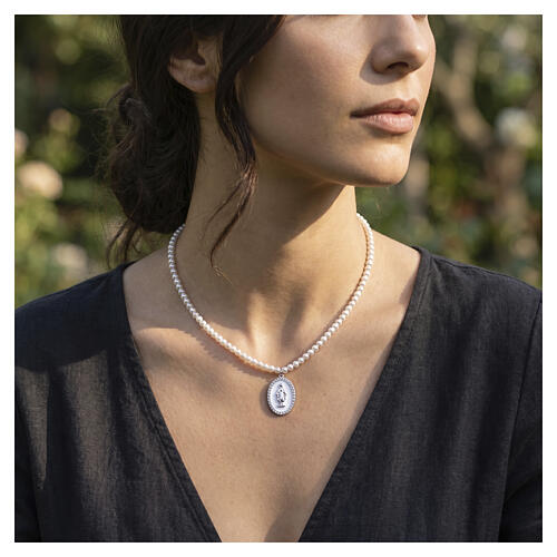 Amen necklace with 0.12-inch crystal beads, rhodium-plated brass, white enamel and white rhinestones 2