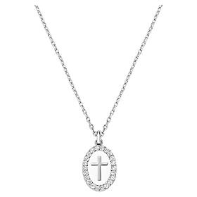 White Enamel Cross Necklace Rhodium-Plated Brass White Zircons, Amen