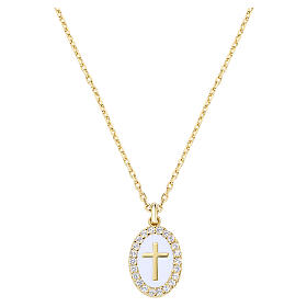 Collier croix émail blanc en laiton plaqué or 18 kt Amen pierres blanches