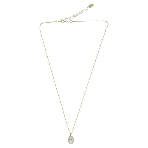 Collana croce smalto bianco in ottone placcato 18kt Amen pietre bianche 4
