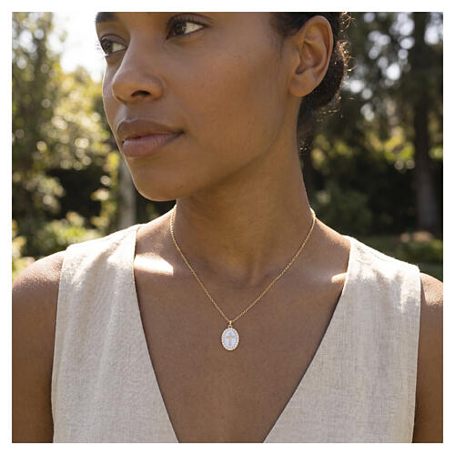 White Enamel Cross Necklace in 18kt Gold-Plated Brass with White Stones, Amen 2
