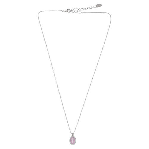 Collier croix émail rose Amen laiton rhodié zircons blancs 4