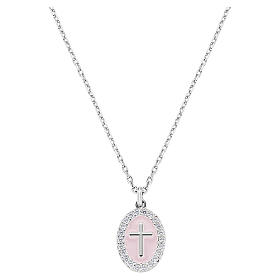 Colar cruz esmaltada cor-de-rosa Amen, latão rodinado, zircões brancos