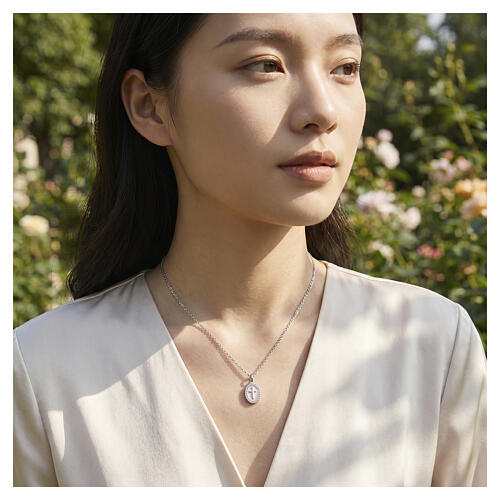 Pink Enamel Cross Necklace Rhodium-Plated Brass White Zircons, Amen 2