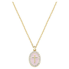 Colar cruz esmaltada cor-de-rosa Amen, latão dourado, zircões brancos
