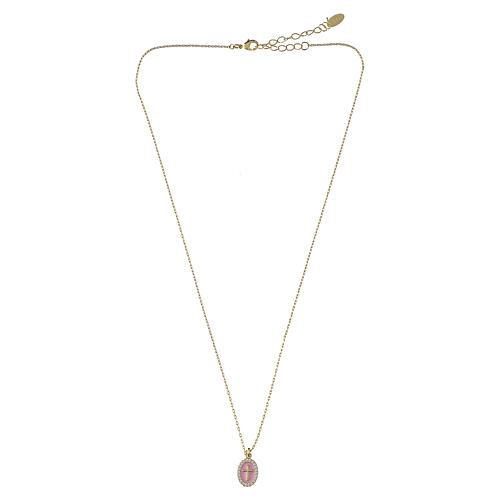 Pink Enamel Cross Necklace Gold-Plated Brass White Zircons, Amen 4