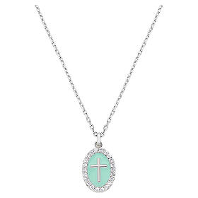 Collier Amen croix émail bleu-vert clair laiton rhodié zircons blancs