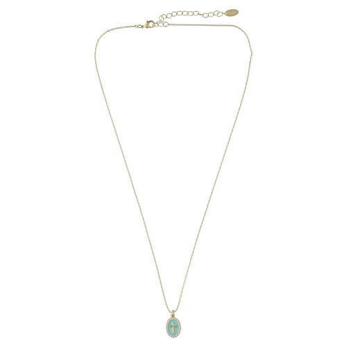 Amen necklace with green-sea enamel cross in gold-plated brass and white stones 4