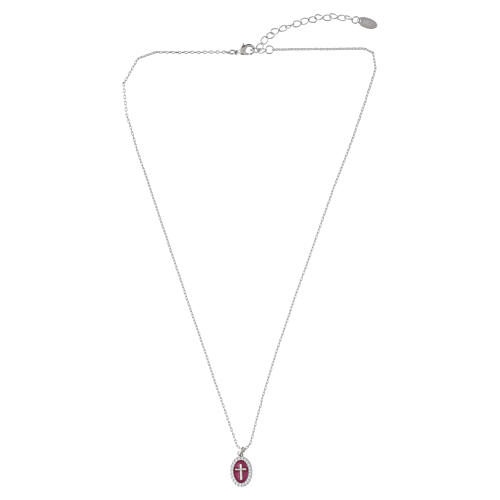 Collier croix émail bordeaux Amen laiton rhodié zircons blancs 4