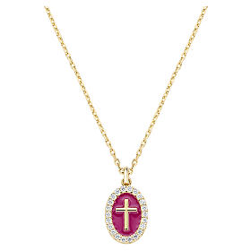Colar cruz esmaltada bordô Amen, latão dourado, zircões brancos