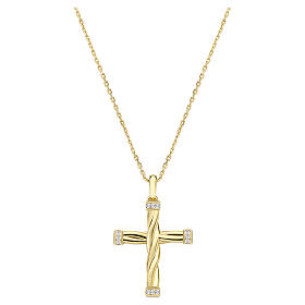 Gold-Plated Brass Cross Necklace Interlaced White Zircons, Amen