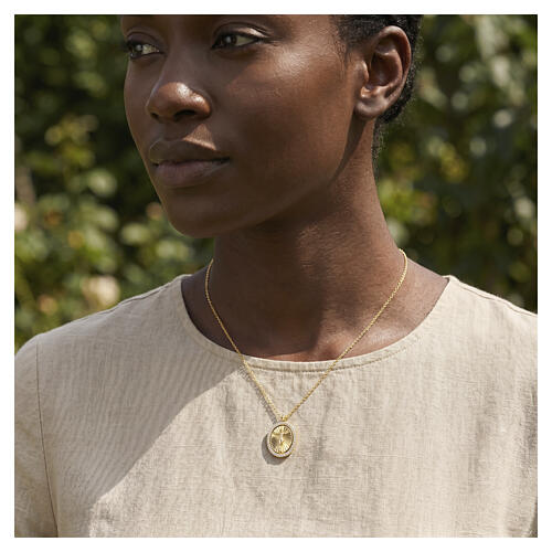 Amen necklace with crucifix medallion, gold-plated brass and white zircons 2