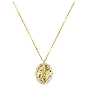 Colar medalha crucificação Amen, latão dourado, zircões brancos