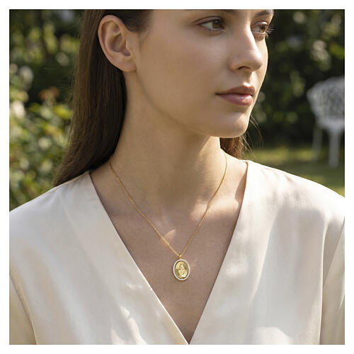 Collana croce con medaglia miracolosa Amen ottone dorato zirconi bianchi 2