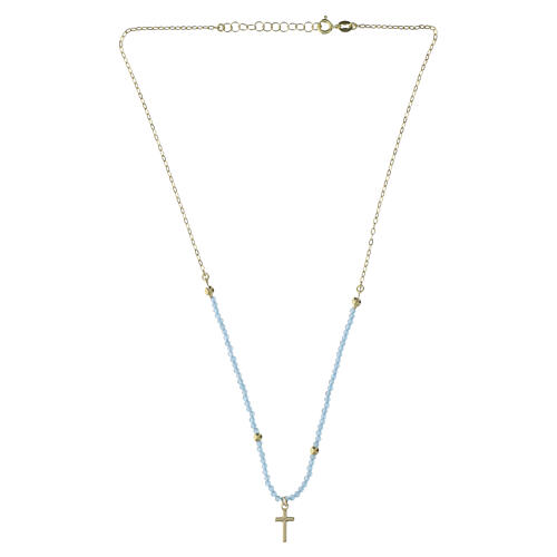 Valenti gold-plated 925 silver necklace with sky-blue beads and cross, 16 in 2