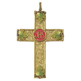 Pectoral Cross, Gold Background with Red JHS and Enameled Grape Leaves, 100 x 90 mm, Pical Arte Creazioni