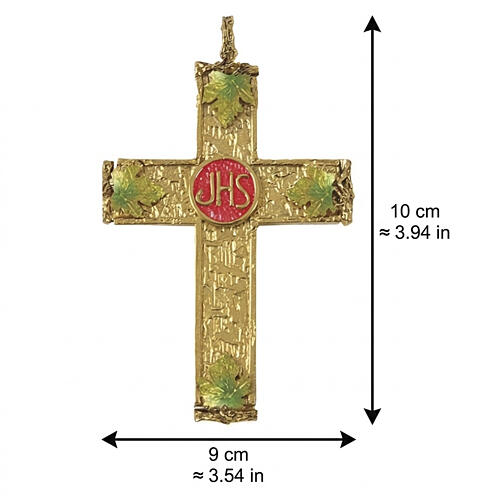 Pectoral Cross, Gold Background with Red JHS and Enameled Grape Leaves, 100 x 90 mm, Pical Arte Creazioni 2