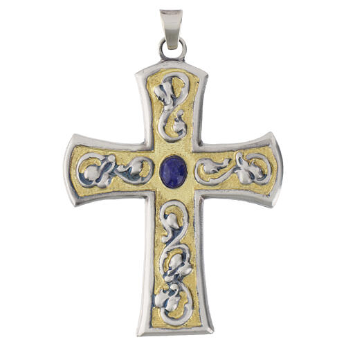 Clergy Pectoral cross with central stone and scrollwork decoration, 9x7 cm 1