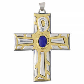 Croce pettorale decoro bicolore pietra centrale 9x7 cm