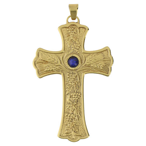 Croce pettorale con Lapislazzuli finitura oro 10x6 cm decoro Tralci d'Uva 1