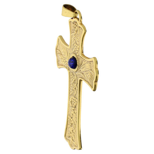 Croce pettorale con Lapislazzuli finitura oro 10x6 cm decoro Tralci d'Uva 2