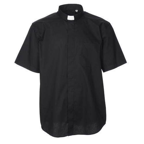 STOCK Black popeline clergyman shirt, short sleeves 1